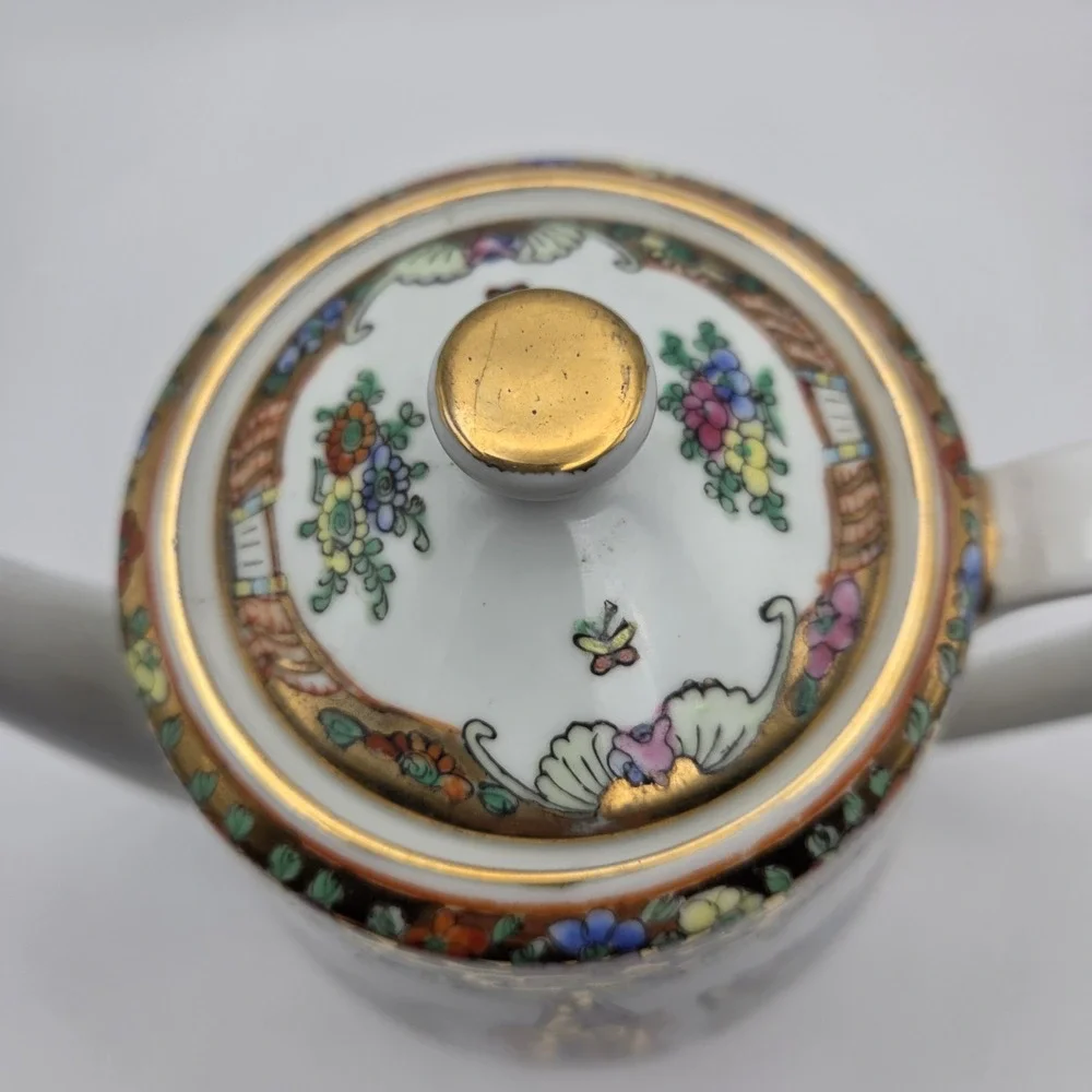 Vintage Cantonese Famille Rose Medallion Porcelain Tea Set Peonies Butterflies